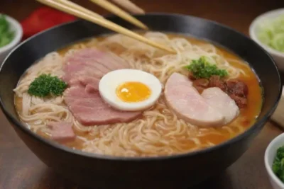 Fondo de ramen casero con ingredientes vibrantes y un ambiente acogedor