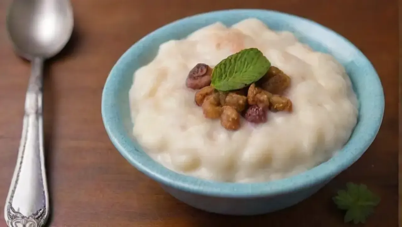 Arroz con leche cremoso y cálido, con canela, pasas y amor, evoca recuerdos familiares en un ambiente acogedor