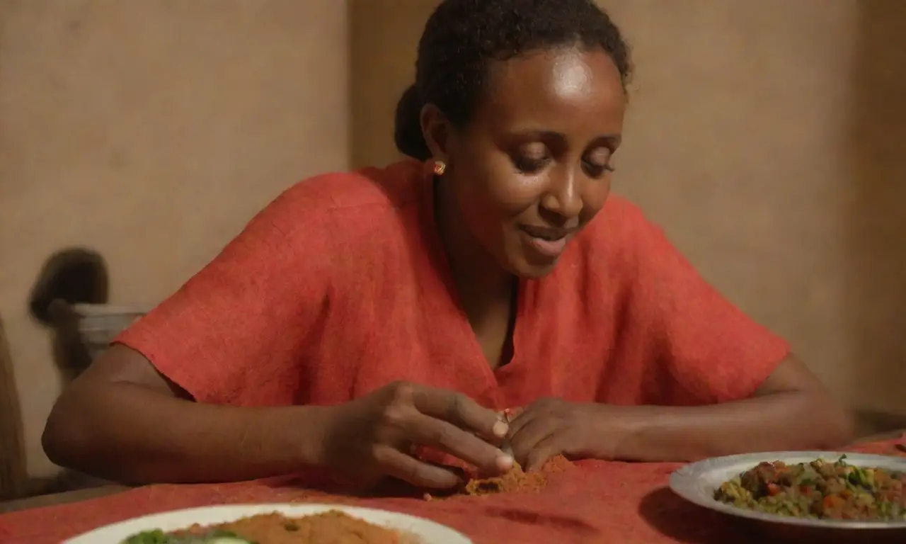 Experiencia cultural etíope: colores vibrantes, injera, y guisos en una mesa compartida
