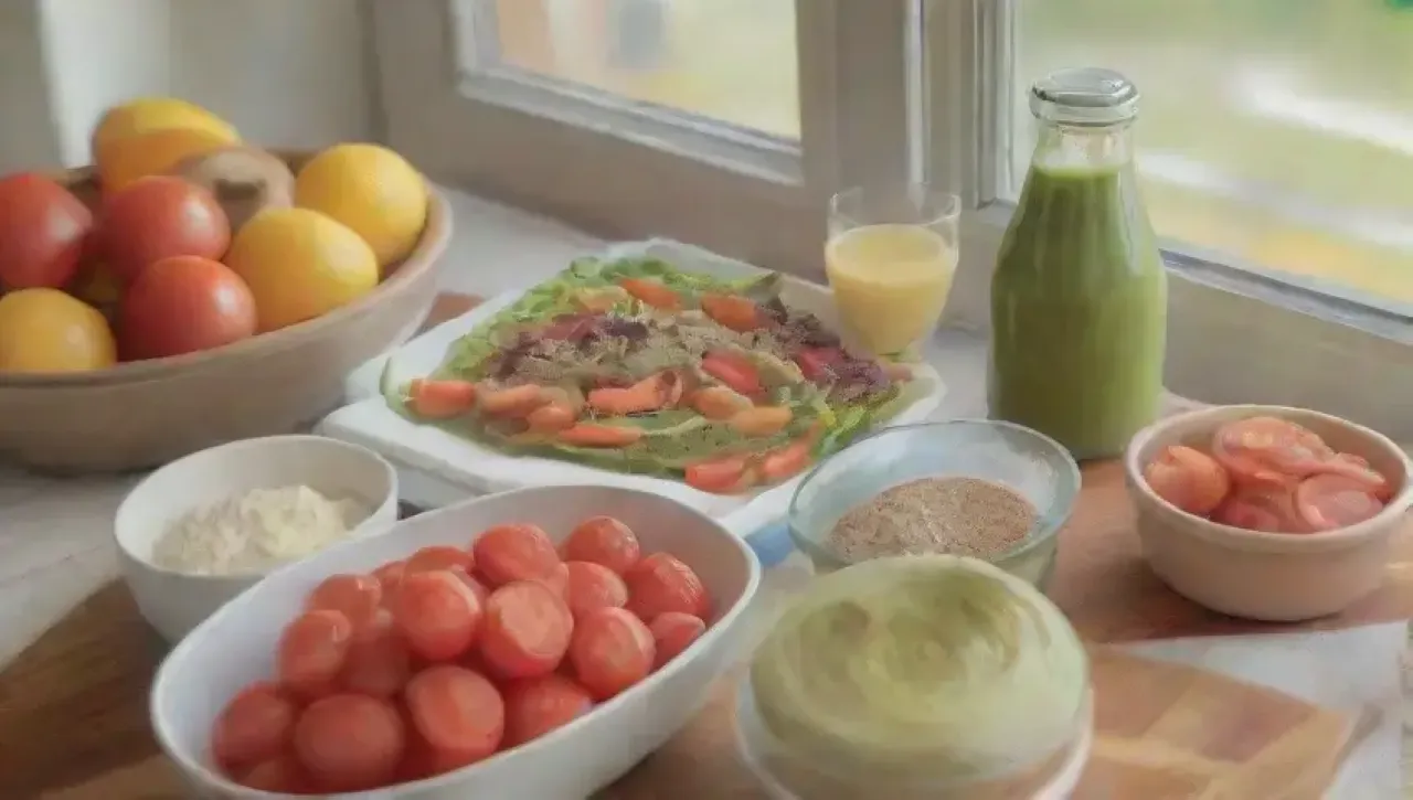 Una cocina vibrante y acogedora llena de ingredientes frescos y saludables
