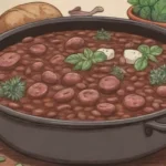 Cocina rústica con potaje de frijoles y carnes aromáticas