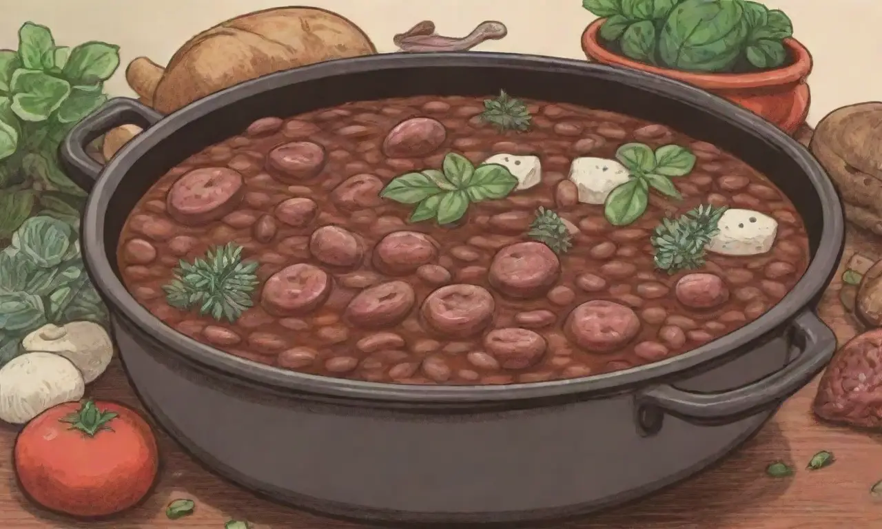 Cocina rústica con potaje de frijoles y carnes aromáticas