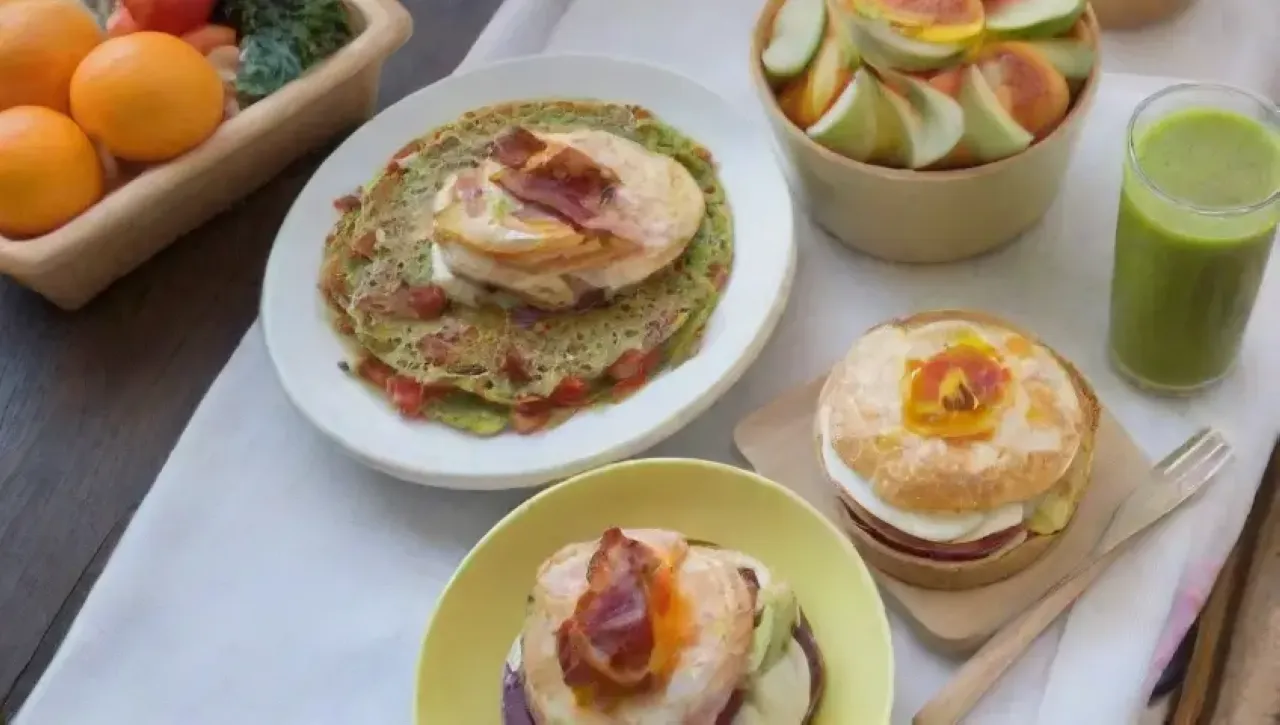 Desayuno vibrante y colorido con frutas frescas, pancakes dorados, bacon crujiente, tostadas de aguacate, huevos poché, café humeante, mimosas y una atmósfera acogedora
