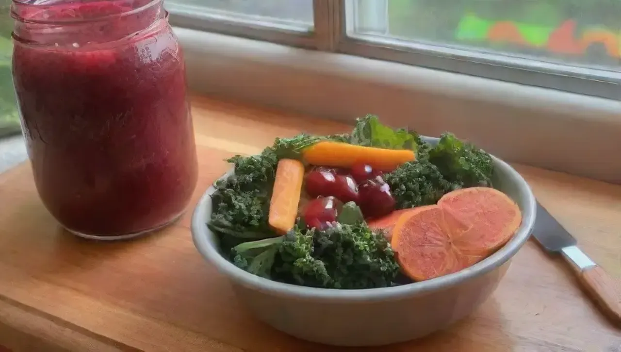 Un colorido y saludable festín de frutas y verduras en una cocina soleada