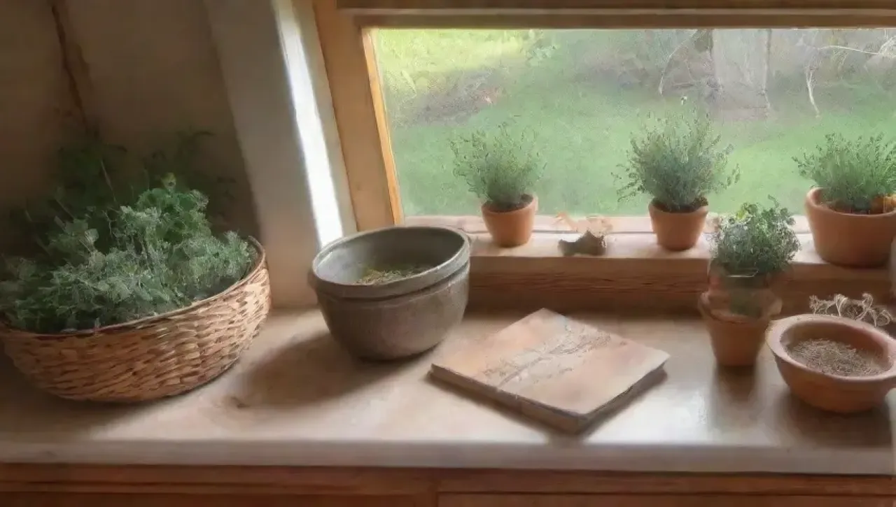 Una cocina rústica y acogedora llena de hierbas, luz natural y un ambiente relajante