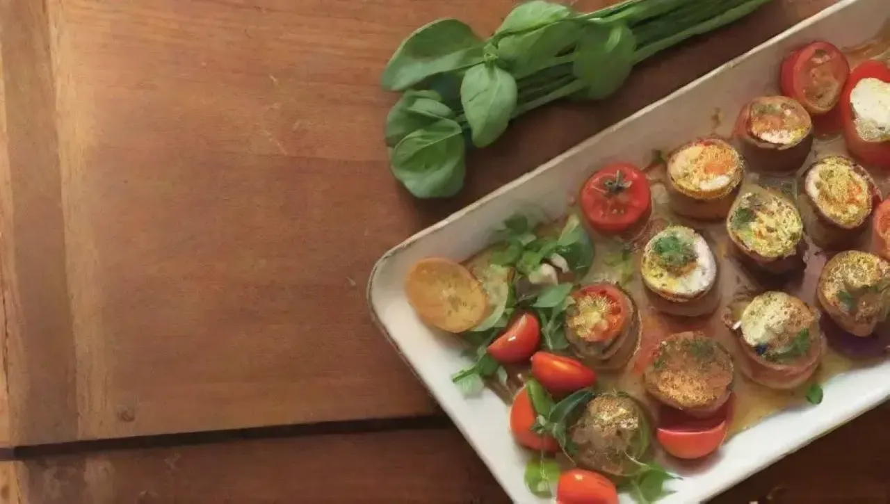 Una colorida y deliciosa mesa con tomates, albahaca, pan tostado, mozzarella, pimientos, ajo, aceite de oliva y vino, todo en un ambiente acogedor