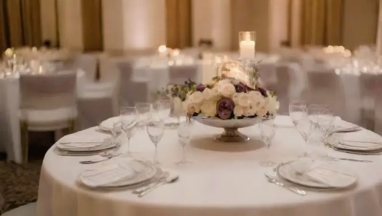 Mesa elegantemente decorada con manteles, cubiertos brillantes, copas de cristal y flores frescas