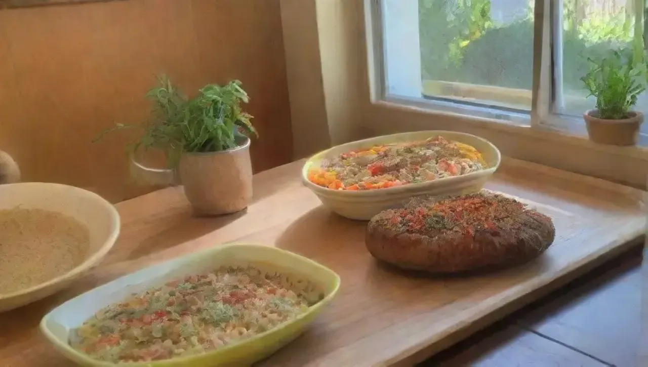 Una escena vibrante en la cocina con platos coloridos, comida sin gluten y una familia feliz compartiendo