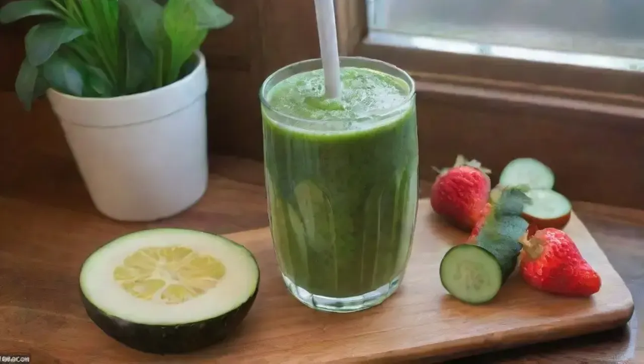 Un batido verde vibrante en un ambiente rústico y fresco