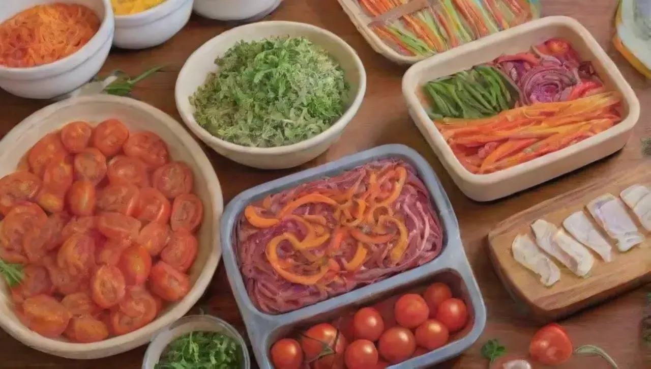 Escena vibrante de cocina con verduras coloridas, manos hábiles y técnicas de corte en acción