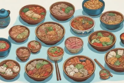 Consejos sobre comida china auténtica con colores vibrantes y elementos culturales