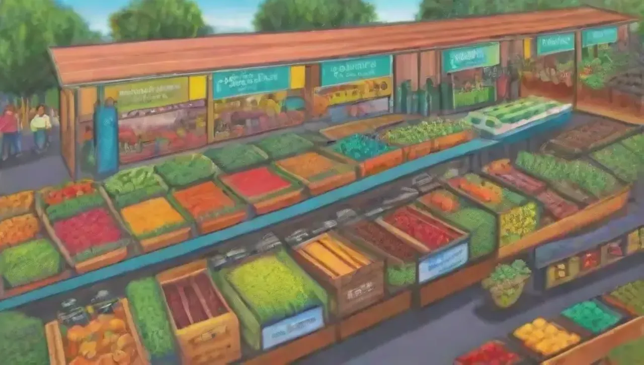 Un vibrante mercado de alimentos frescos y sostenibles con familias disfrutando de comidas saludables