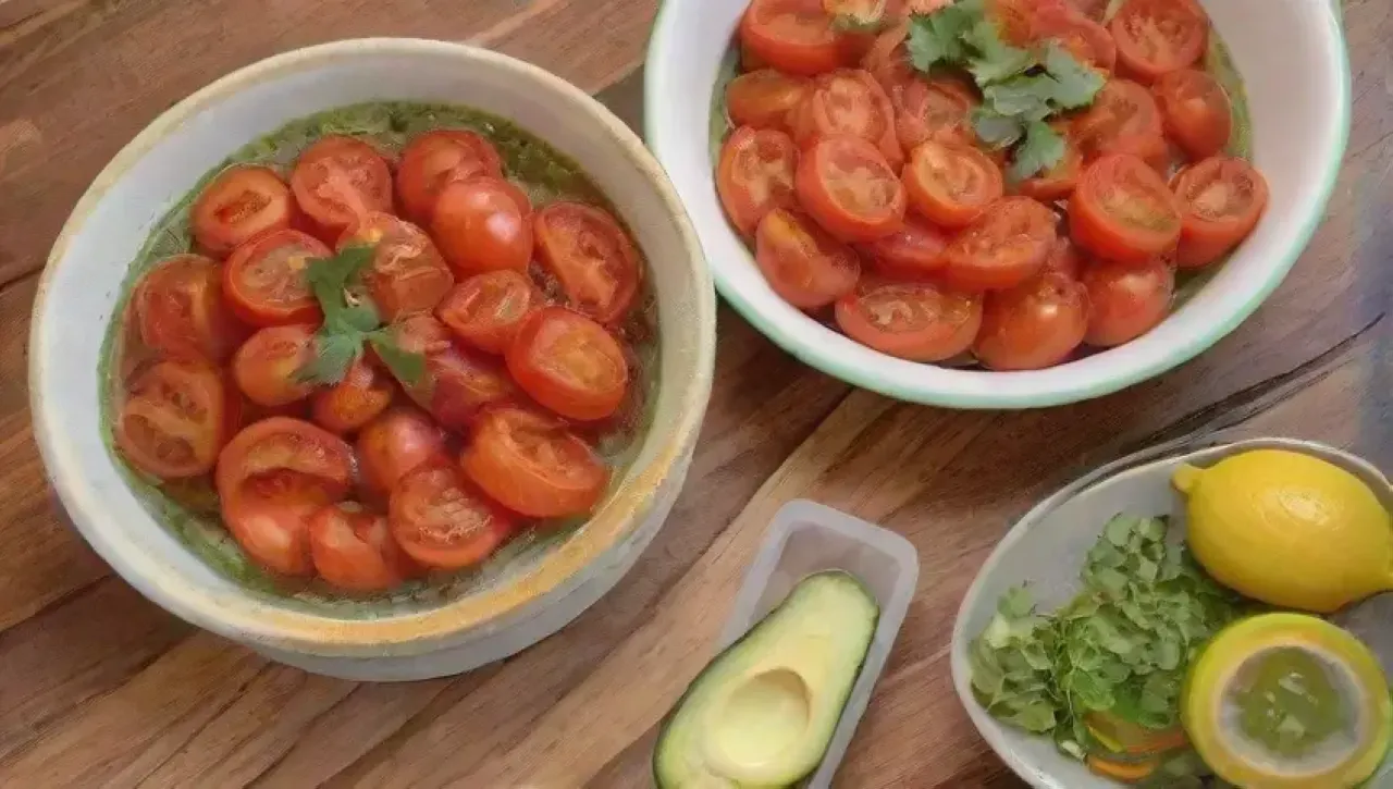 Una colorida y fresca ensalada de tomate y aguacate en un ambiente alegre de cocina