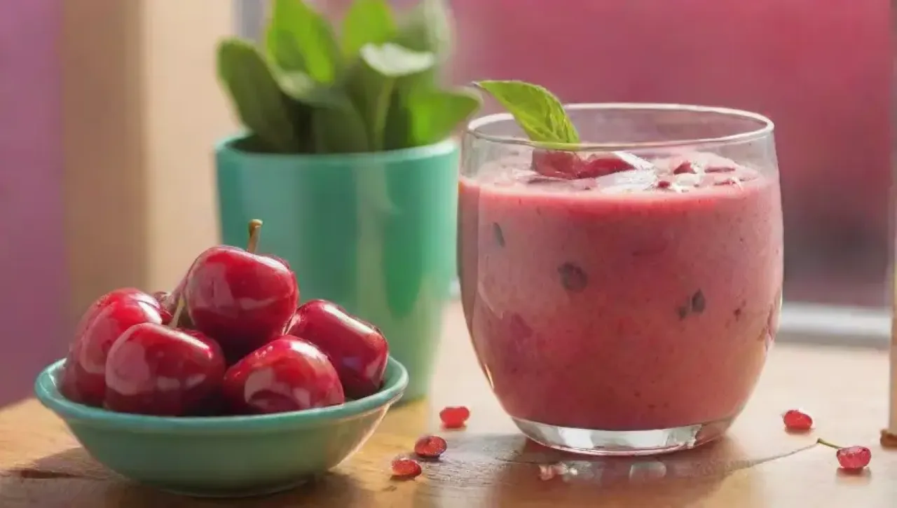 Fondo rojo vibrante con cerezas, hojas verdes, batidora brillante, batido cremoso, y un ambiente de cocina alegre