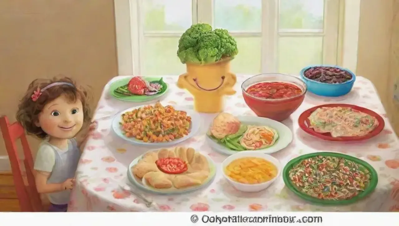 Una cocina alegre y colorida llena de platos vibrantes y momentos familiares felices