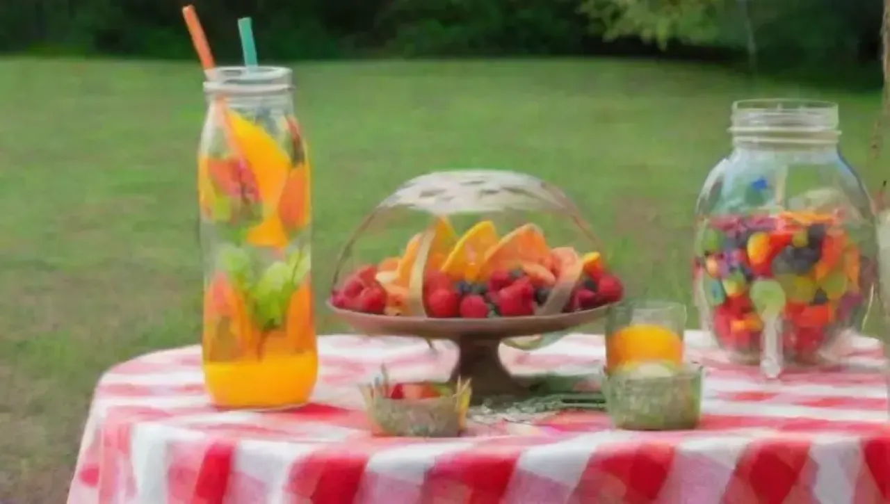 Un picnic veraniego con bebidas refrescantes, frutas coloridas y un ambiente alegre