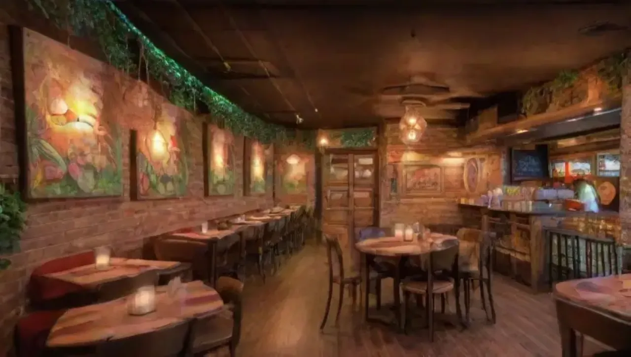 Un restaurante vibrante con murales culinarios, mesas rústicas, decoración temática y aromas acogedores