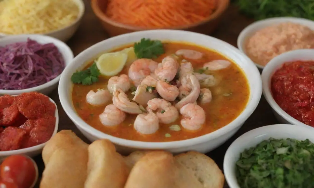 Verduras coloridas, mariscos frescos, carnes tiernas, especias aromáticas, caldo sabroso, salsas para mojar y hierbas vibrantes