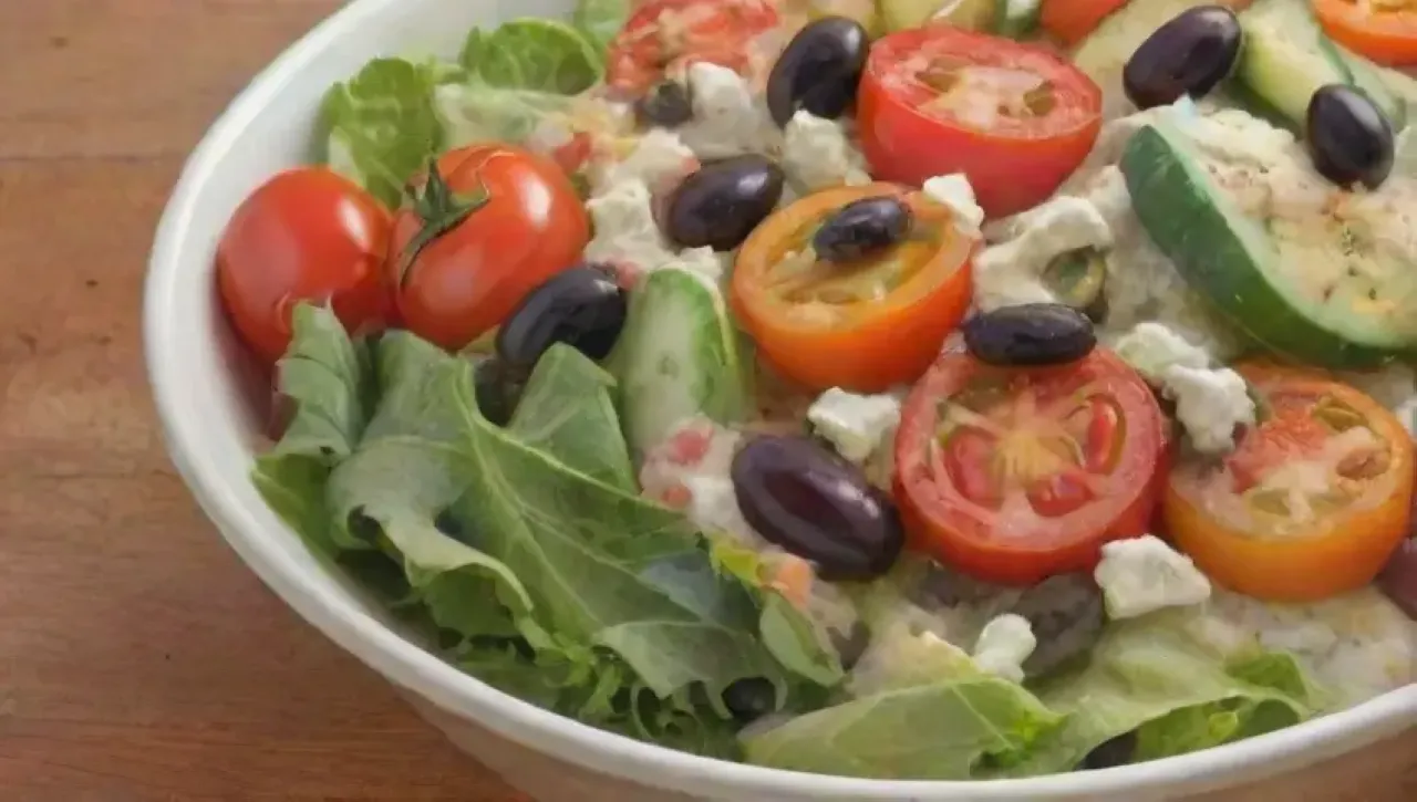 Una ensalada colorida y fresca, llena de ingredientes vibrantes y un ambiente acogedor