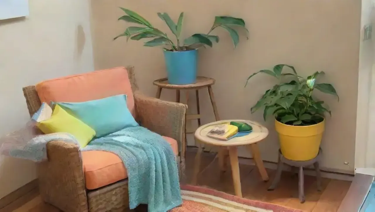 Un ambiente acogedor y soleado invita a la relajación con agua fresca, frutas y un libro