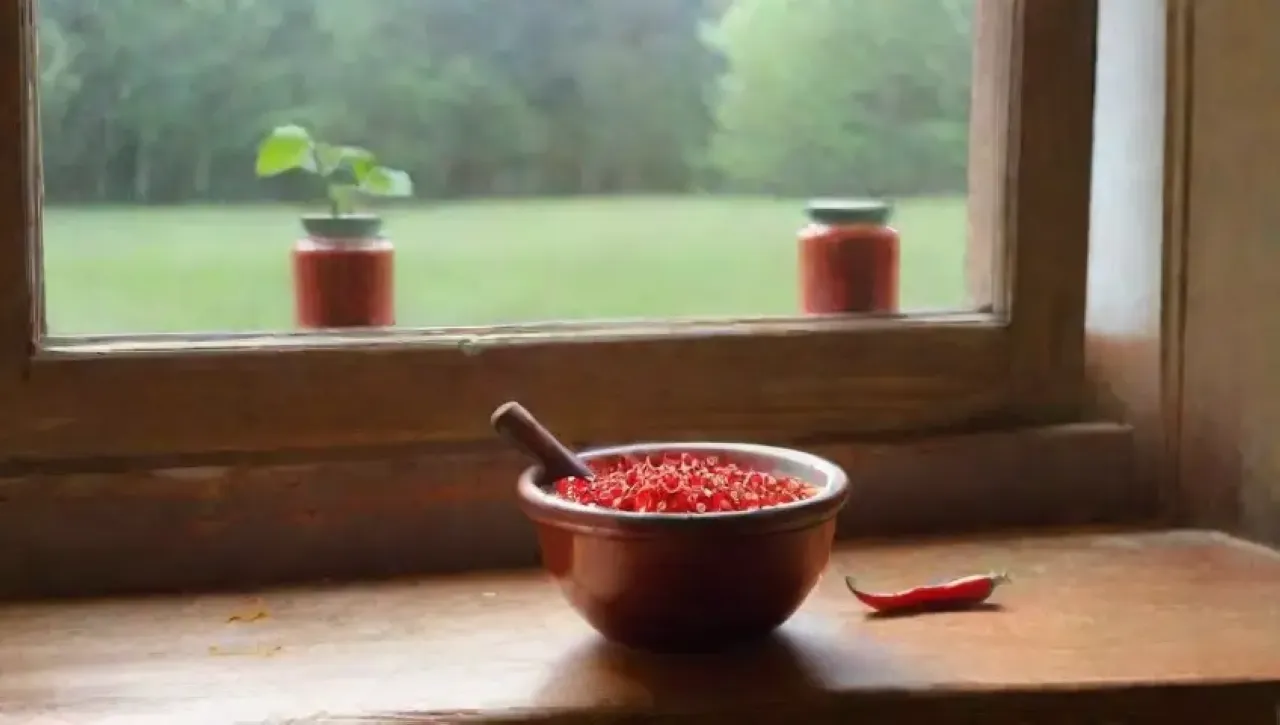 Un ambiente acogedor de cocina con chiles rojos, especias y luz cálida