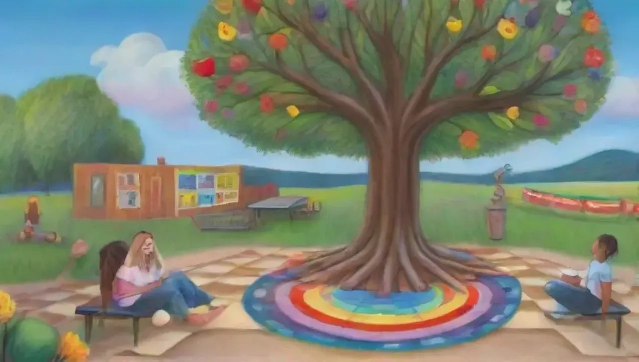 Un mural vibrante refleja la diversidad y la conexión en un entorno acogedor y lleno de vida