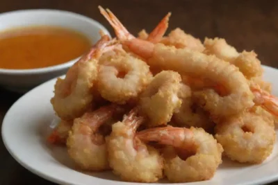 Tempura crujiente con langostinos y verduras vibrantes
