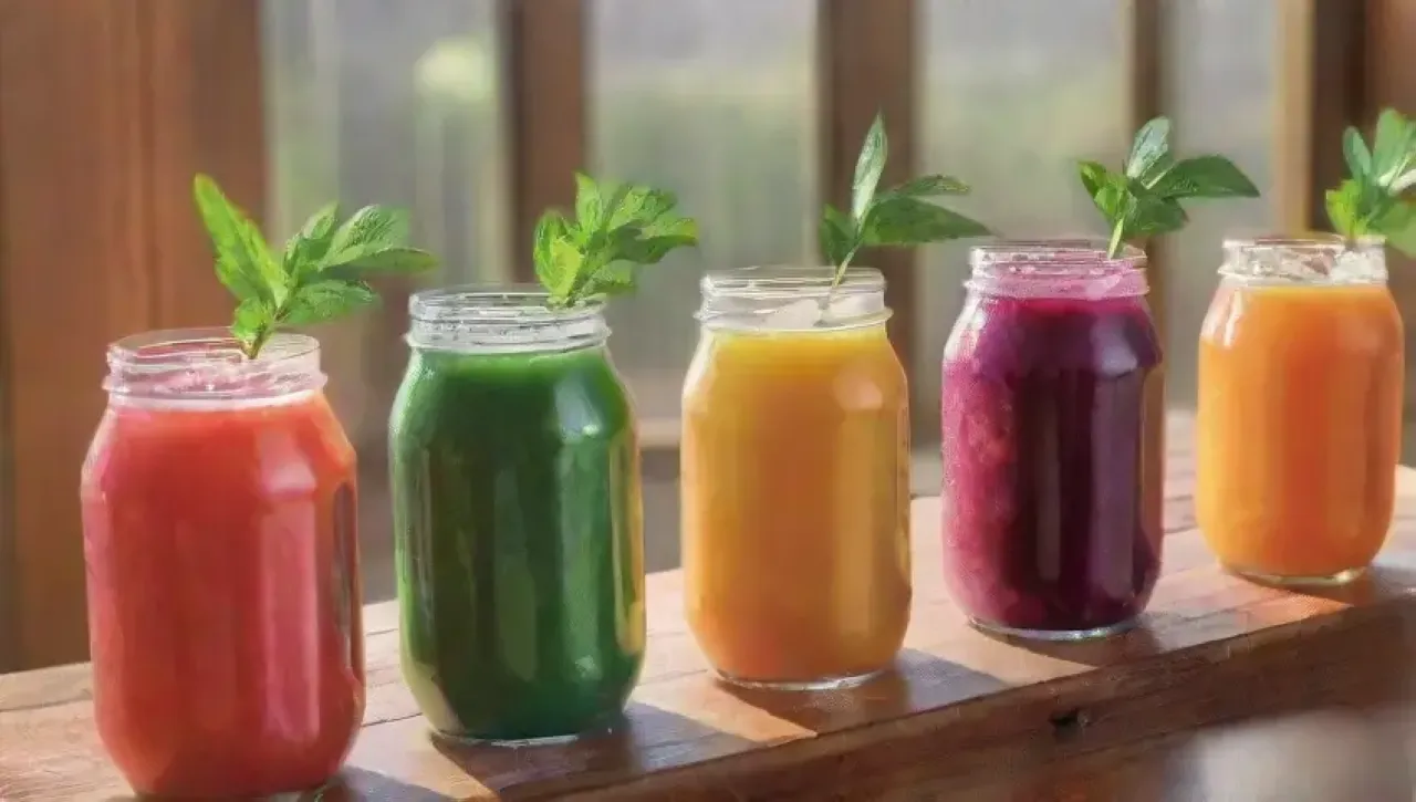 Botellas de jugo vibrantes rodeadas de frutas coloridas en un ambiente alegre y saludable