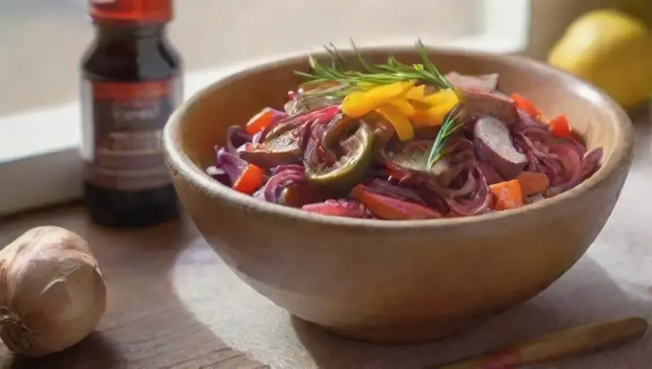 Una cocina rústica llena de ingredientes frescos y aromas vibrantes