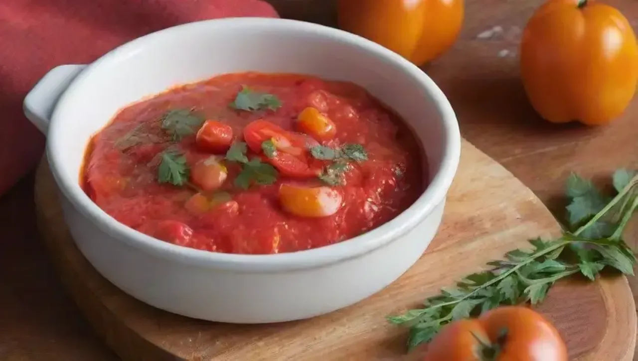 Un delicioso plato de omelet dorado con salsa de tomate, hierbas frescas y un ambiente acogedor