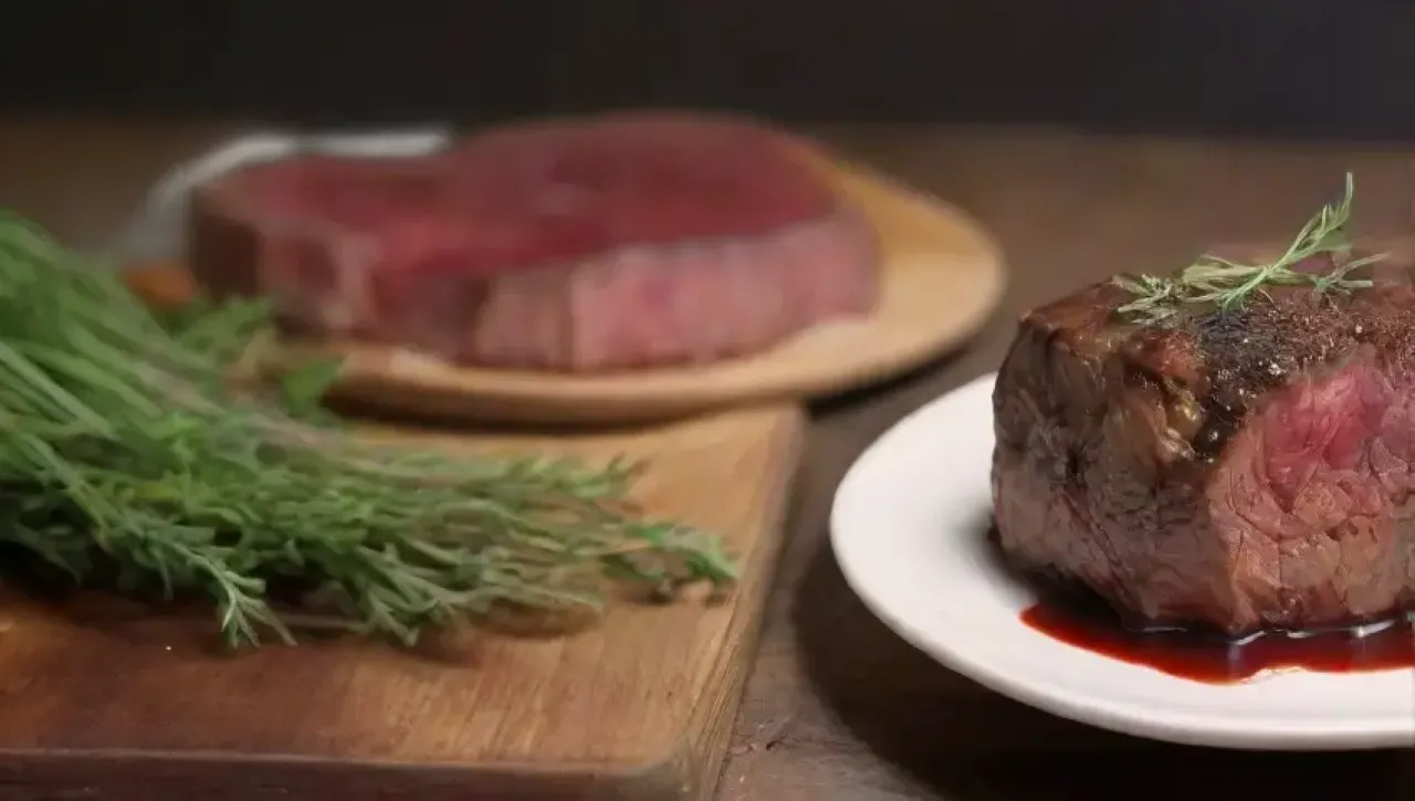 Un delicioso filete mignon se sirve en un ambiente acogedor con vino y hierbas frescas