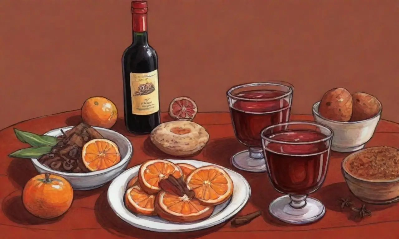 Colores cálidos y vino tinto con especias en un ambiente festivo y acogedor