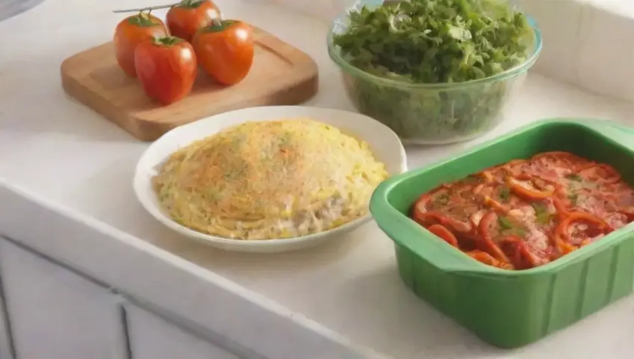 Una cocina luminosa prepara un delicioso desayuno con omelet y colores vibrantes