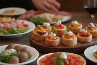 Aperitivos coloridos y elegantes con sabores diversos para reuniones alegres