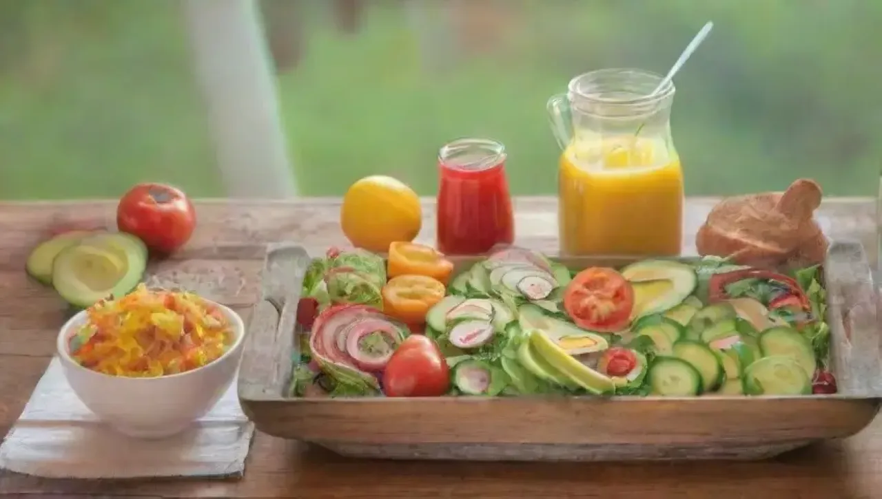 En una cocina alegre, se prepara una colorida ensalada con frescos ingredientes y un ambiente acogedor