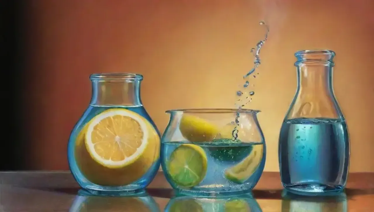 Un fondo vibrante de azules y verdes con un vaso de líquido ámbar, hielo, limón y elementos que evocan equilibrio y naturaleza