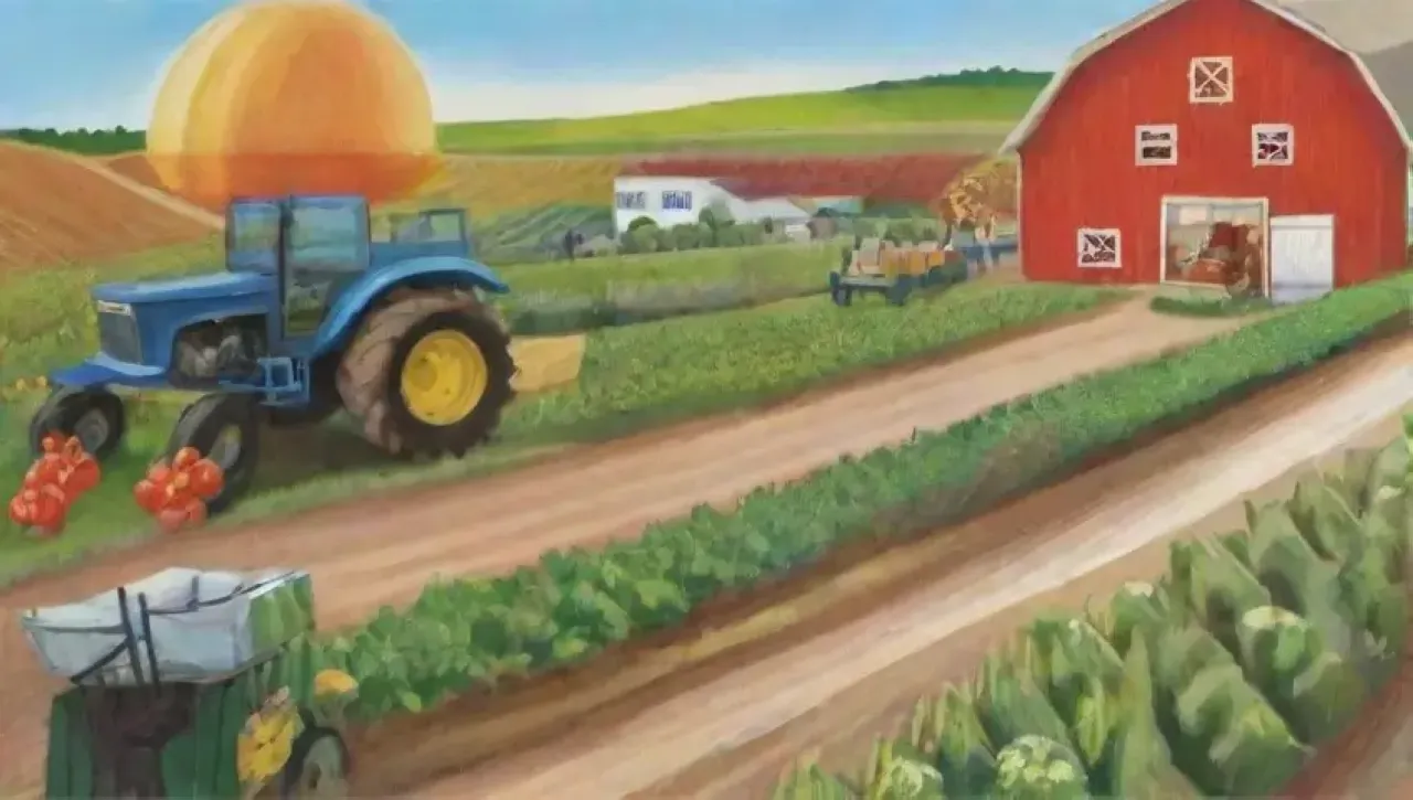 Campos vibrantes con cultivos, agricultores trabajando, frutas y verduras frescas, y prácticas sostenibles en un entorno comunitario
