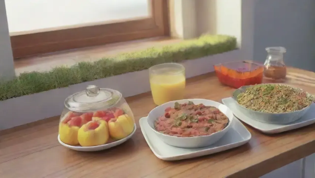 Cocina luminosa y acogedora llena de frutas, verduras y un ambiente saludable