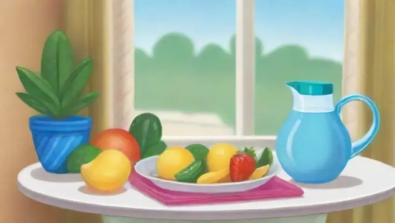 Un ambiente sereno y saludable con agua, frutas y naturaleza