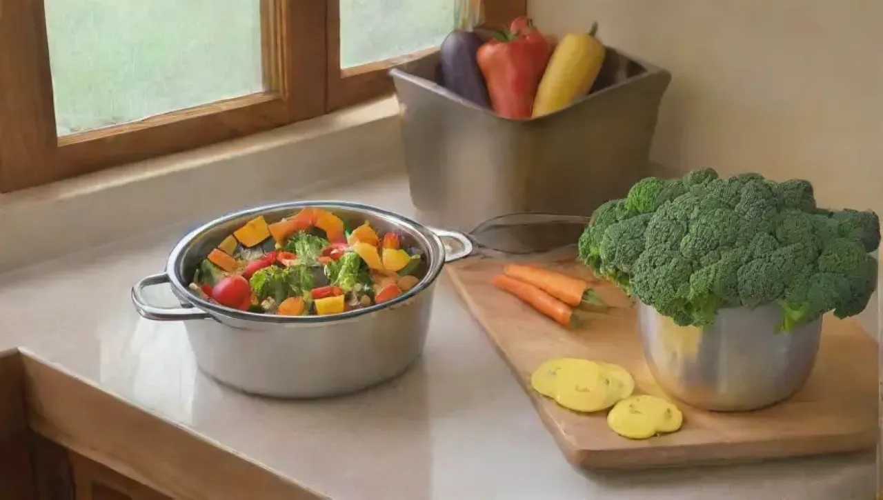 Una cocina acogedora llena de coloridos vegetales frescos y un ambiente saludable