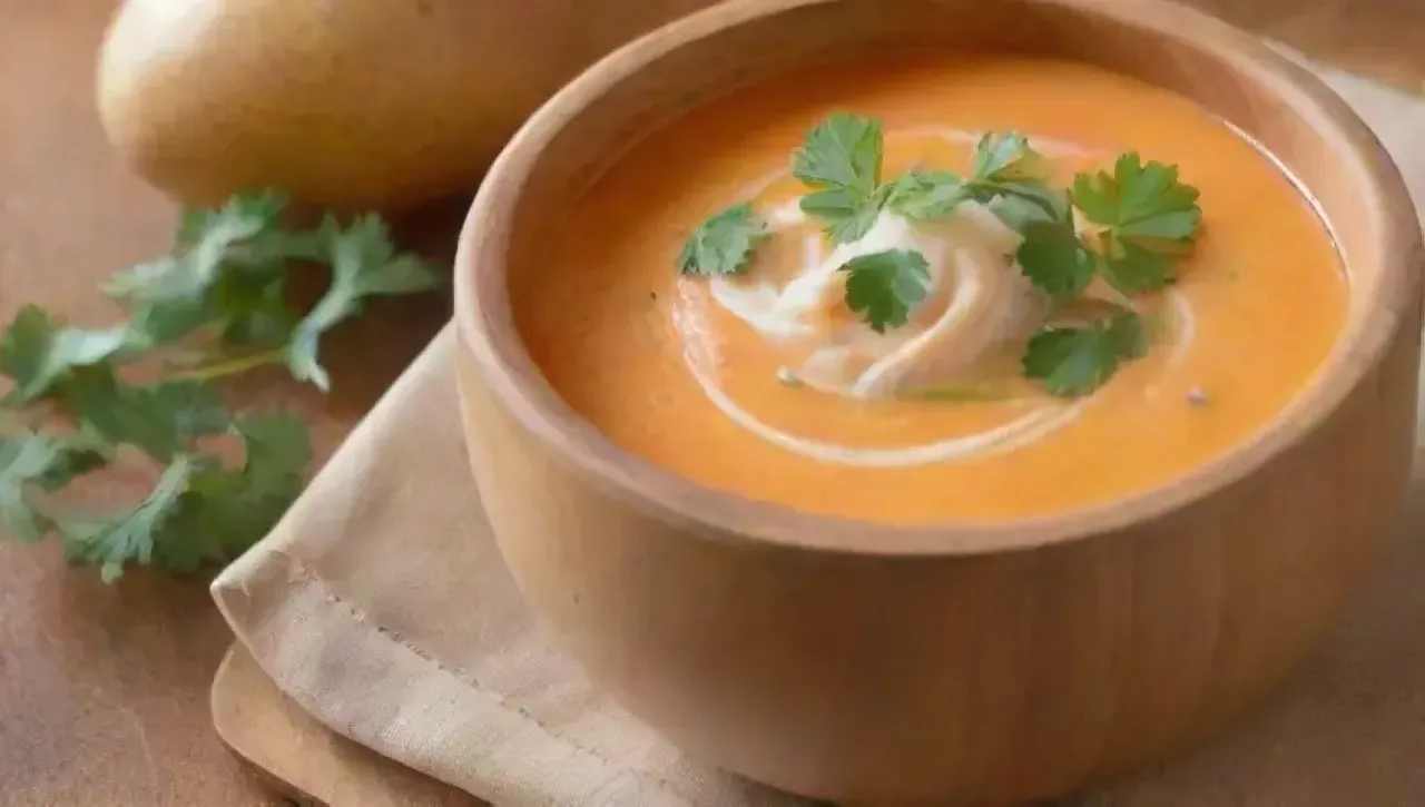 Sopa naranja vibrante con coco, cilantro fresco y un ambiente acogedor