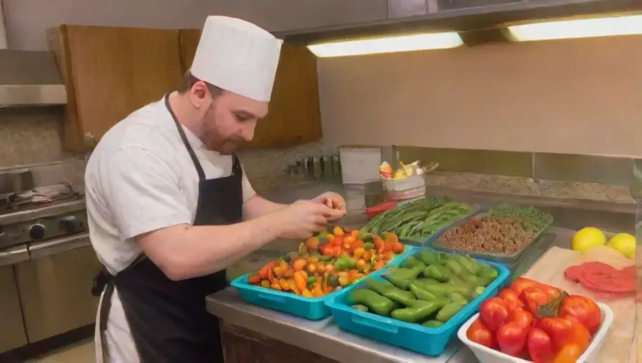 Una cocina vibrante con un chef cortando verduras y aromas de hierbas en el aire