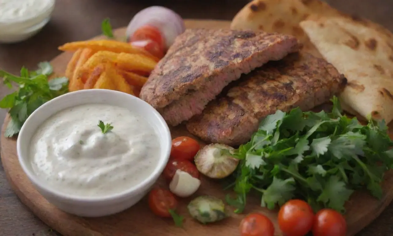 Ingredientes clave: carne tierna, hierbas frescas, especias, ajo aromático, yogurt ácido, pita crujiente, verduras coloridas y marinados secretos
