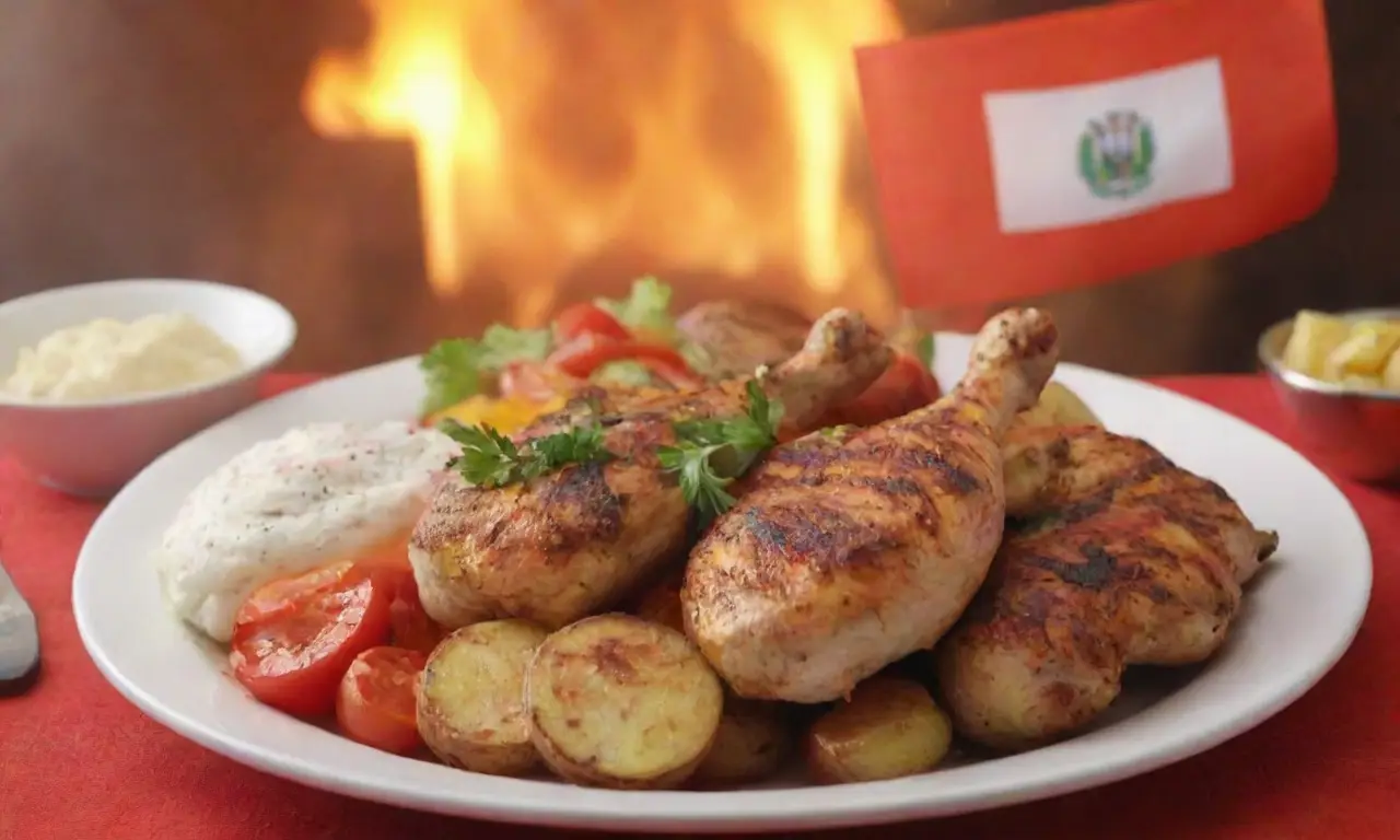Plato peruano colorido de pollo a la parrilla con especias y papas