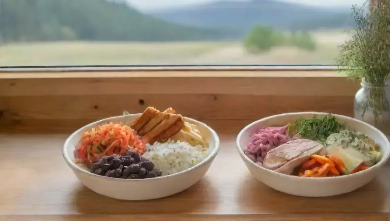 Una cocina serena y luminosa, con ingredientes frescos y un chef creando arte culinario