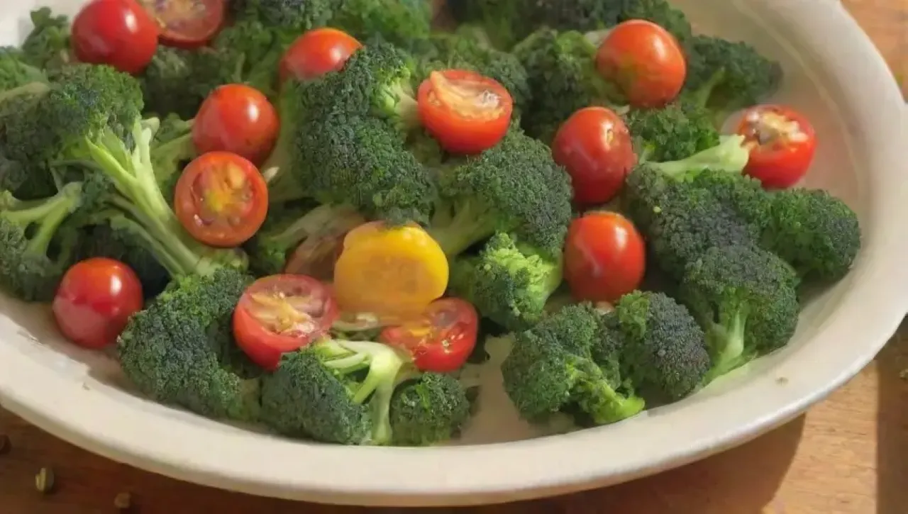 Una colorida ensalada de brócoli con aderezo de mostaza y almendras en una mesa rústica