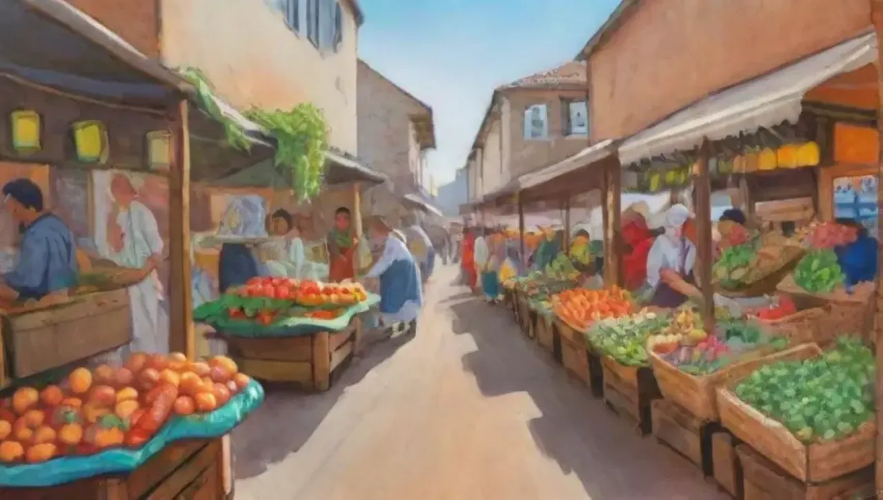 Un mercado vibrante y colorido lleno de frutas, verduras y comunidad
