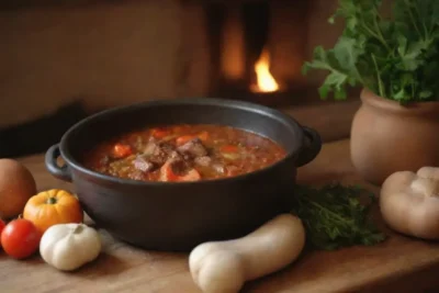 Fondo acogedor de invierno con cocina tradicional serbia y comida casera