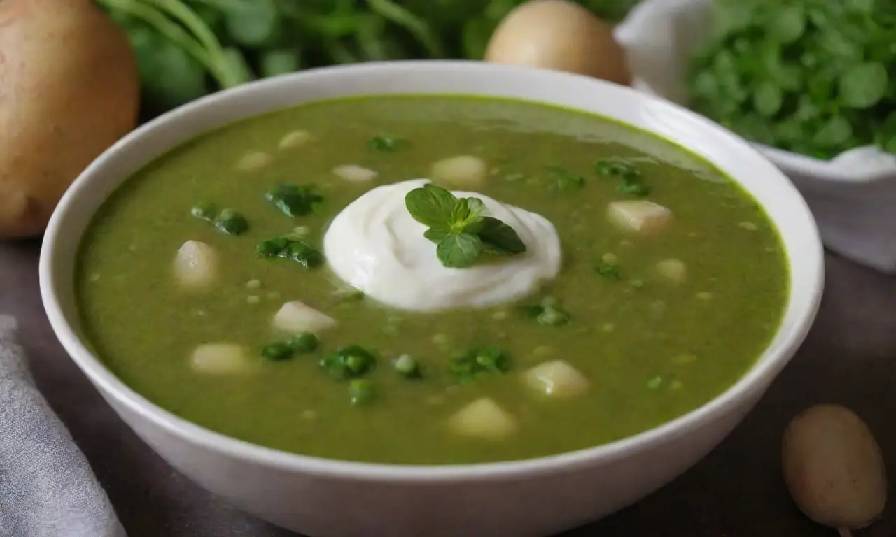 Sopa verde con espinacas, guisantes, patatas, caldo, crema, ajo, sal y pimienta