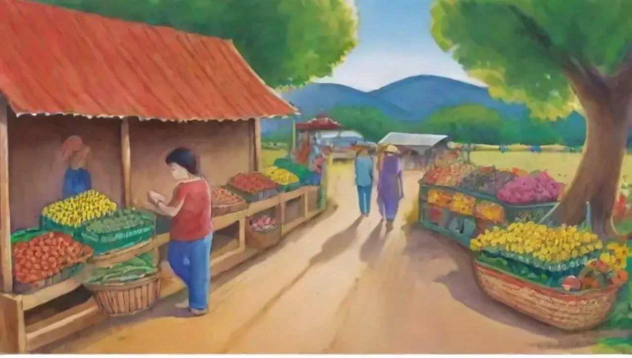 Un mercado vibrante y sostenible con agricultores felices, productos frescos y comunidades unidas